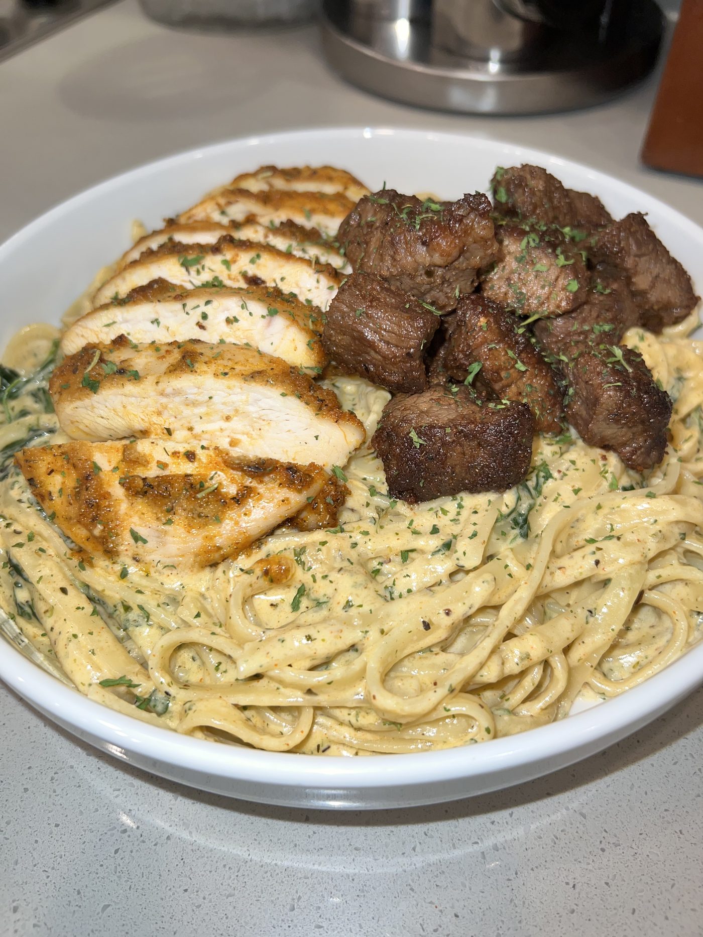 Chicken and steak fettuccine